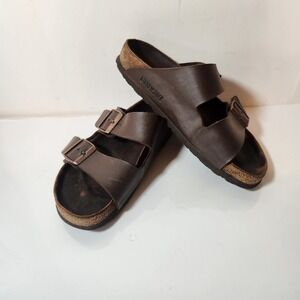 Birkenstock Arizona Sandals Dark Brown Two Strap Buckle Slides Cork Footbed